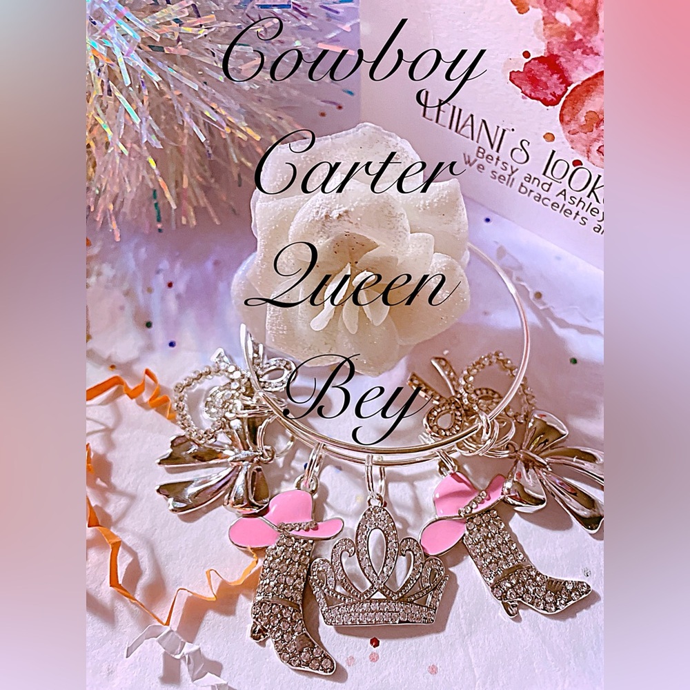 Cowboy Carter silver glam charm bangle bracelet with  rhinestone  cowboy boots,